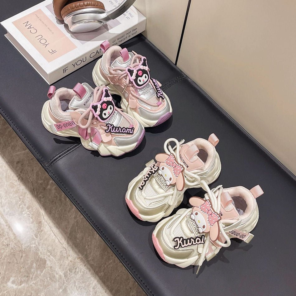 Girls’ Cartoon Dad Shoes – Flower Pink & Purple Sneakers
