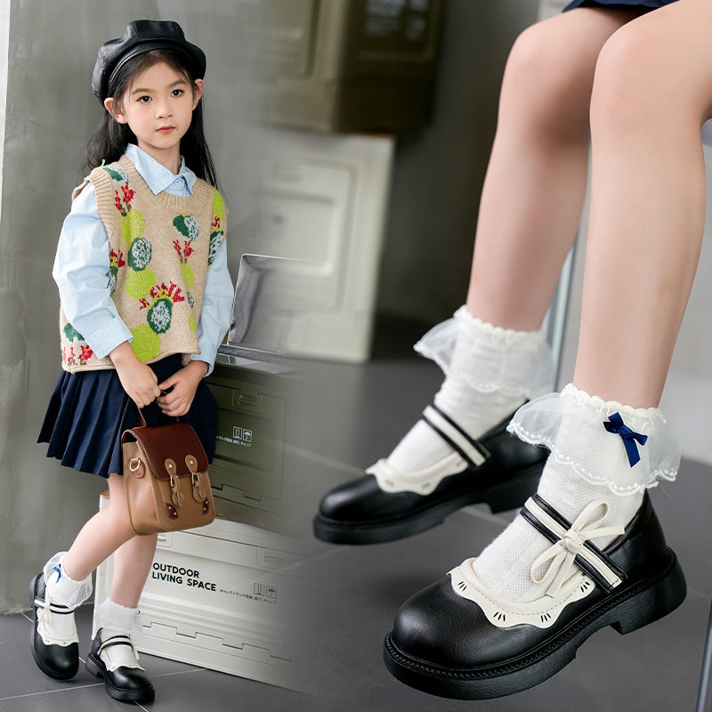 Girls’ Black Bow Princess Leather Shoes – Soft Sole Flats