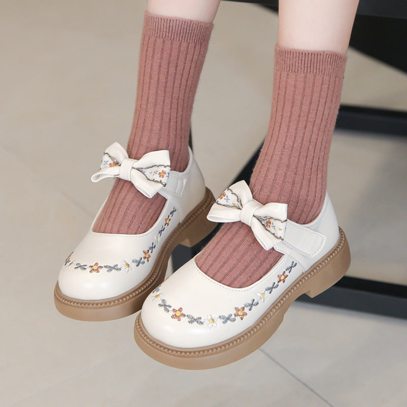 Girls’ Bow Mary Jane Leather Shoes – Forest Style Princess Flats
