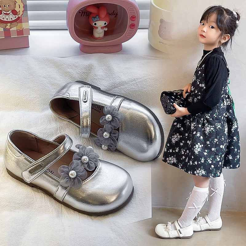 Girls’ Floral Princess Leather Shoes – Soft Sole Dance Flats