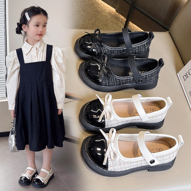 Girls’ Chanel-Style Leather Shoes – Bow Princess Soft Sole Flats