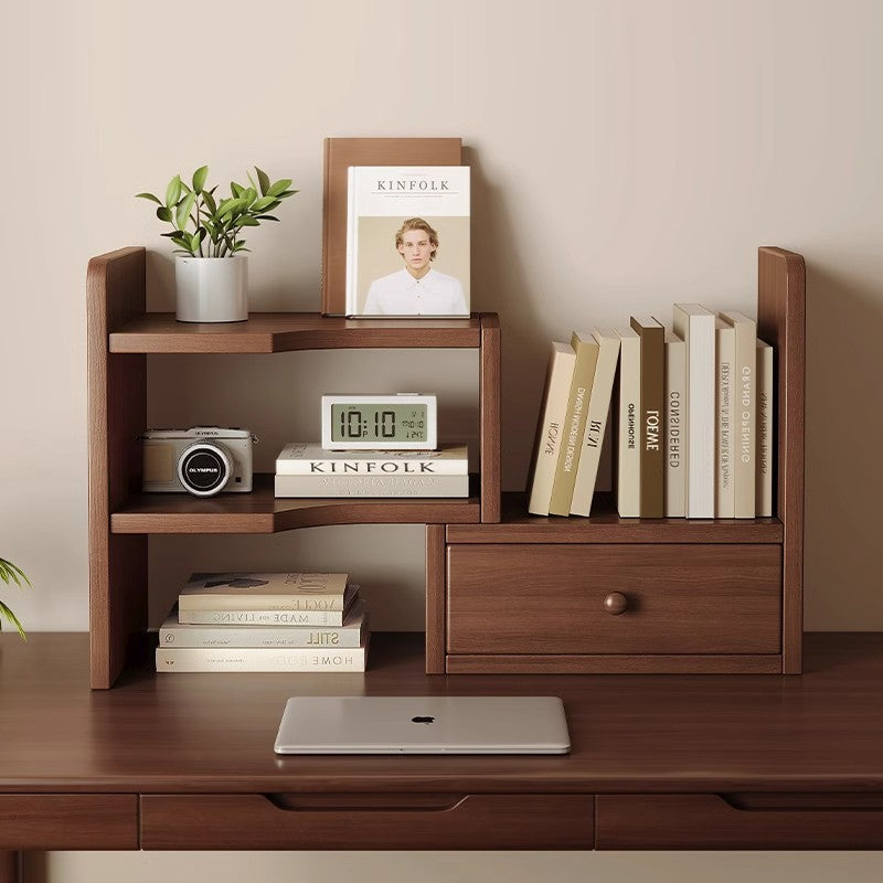 Solid Wood Desktop Bookshelf with Telescopic Storage — walnut