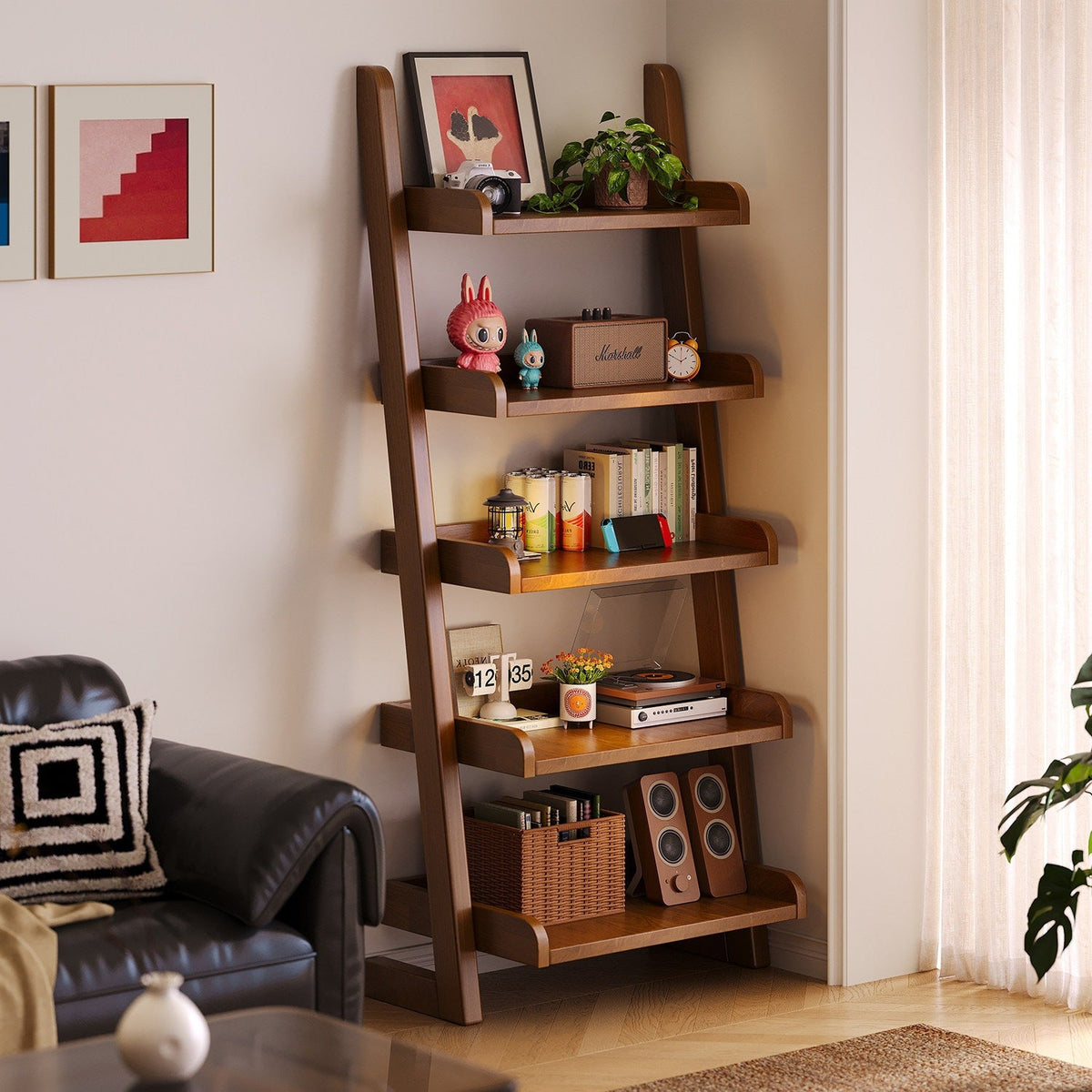 Solid Wood Trapezoidal Floor Bookshelf Storage Rack — walnut