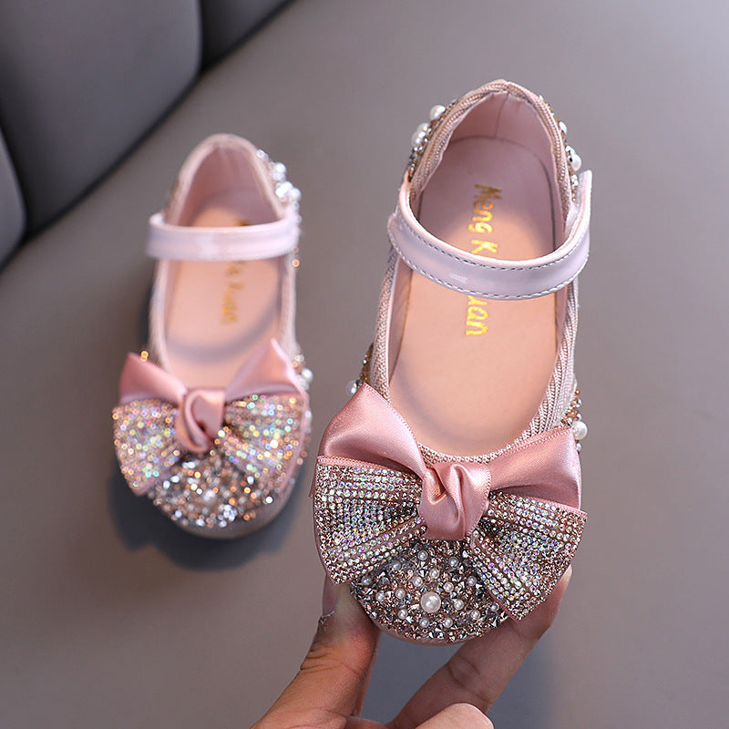 Girls’ Rhinestone Bow Dance Shoes – Casual Performance Flats