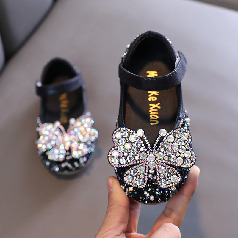 Girls’ Square Toe Rhinestone Bow Shoes – Princess Dance Flats