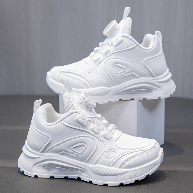 White kids athletic shoes with lightweight and breathable design for active wear