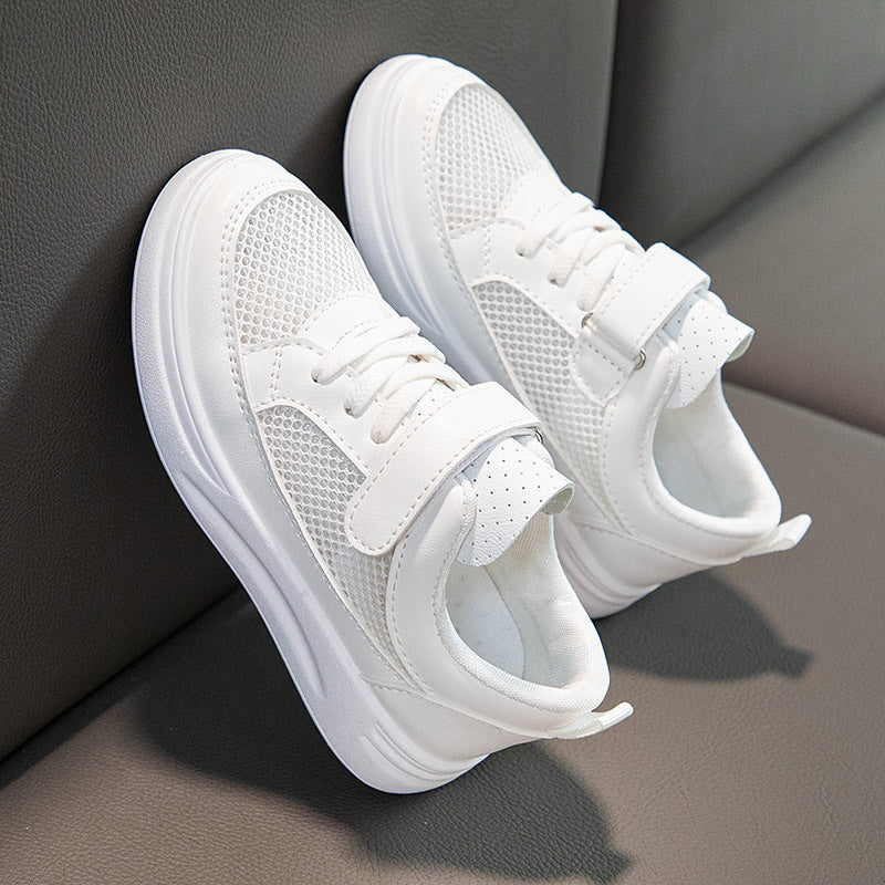 White kids athletic shoes with lightweight and breathable design for active wear