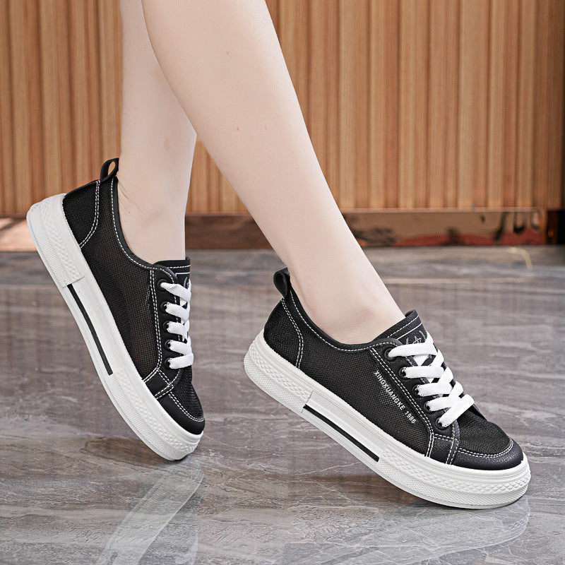 Black women’s breathable mesh canvas sneakers casual flats