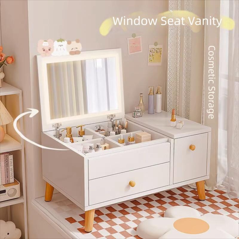 Bay Window Dressing Table with Integrated Storage — white