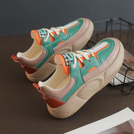 Green women’s retro thick sole color-block casual sneakers