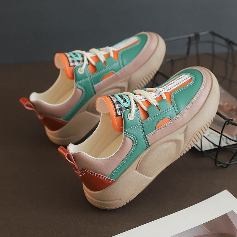 Green women’s retro thick sole color-block casual sneakers