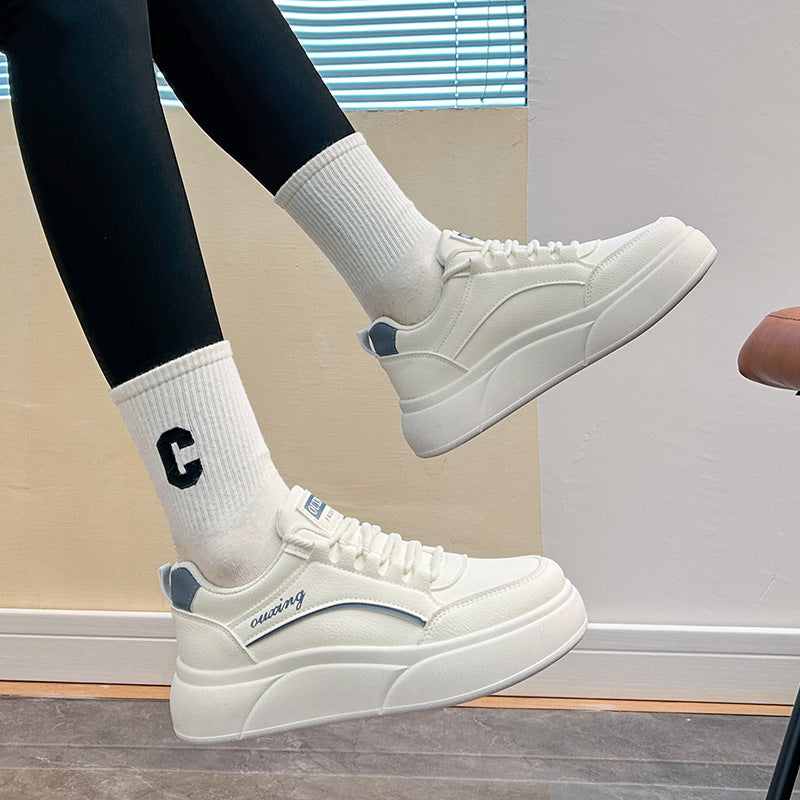 White women’s white thick sole sneakers casual sports shoes