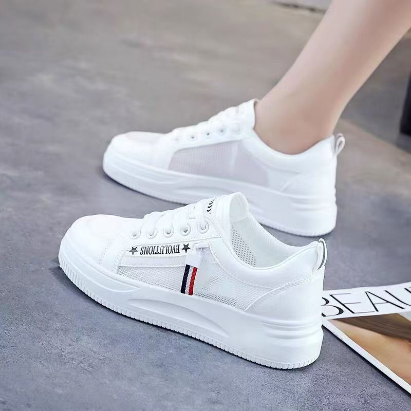 White and black women’s mesh white sneakers thick sole casual summer shoes