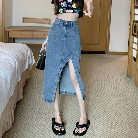Blue women’s high waist denim a-line midi skirt casual summer