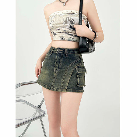 As shown women’s high waist denim mini skirt retro slim fit summer