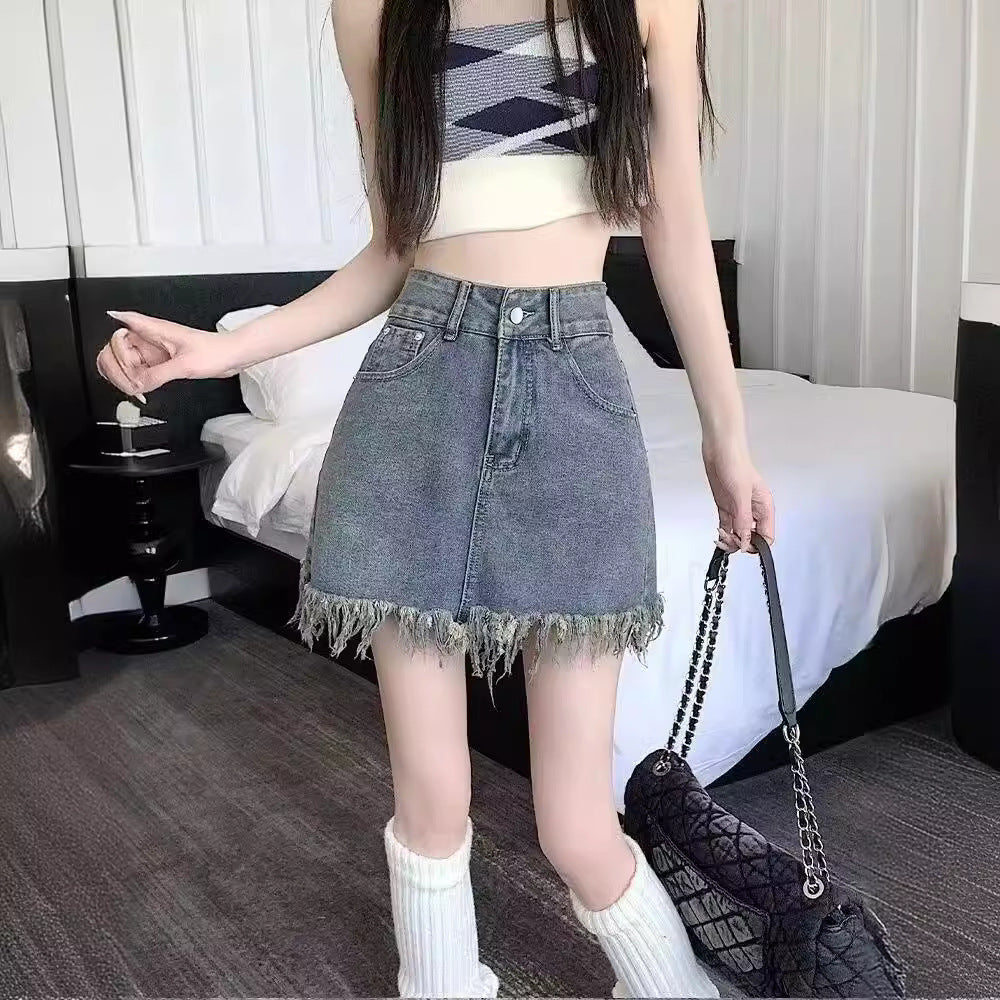 Blue women’s high waist fringe denim a-line skirt retro casual