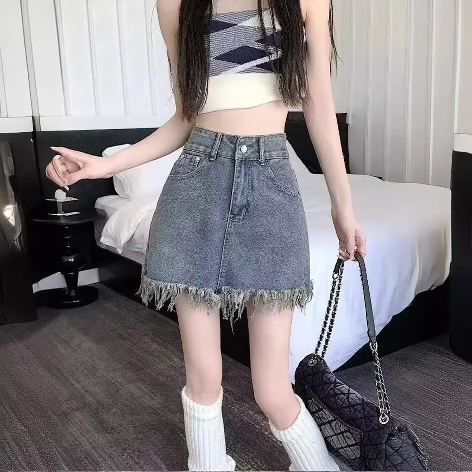 Blue women’s high waist fringe denim a-line skirt retro casual