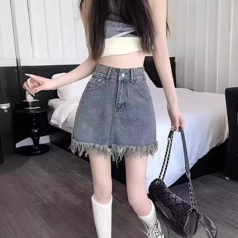 Women’s High Waist Fringe Denim A-Line Skirt Retro Casual