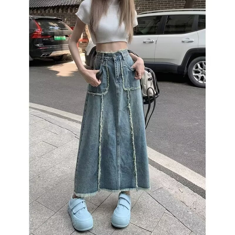 Blue women’s high waist denim midi fishtail skirt casual summer
