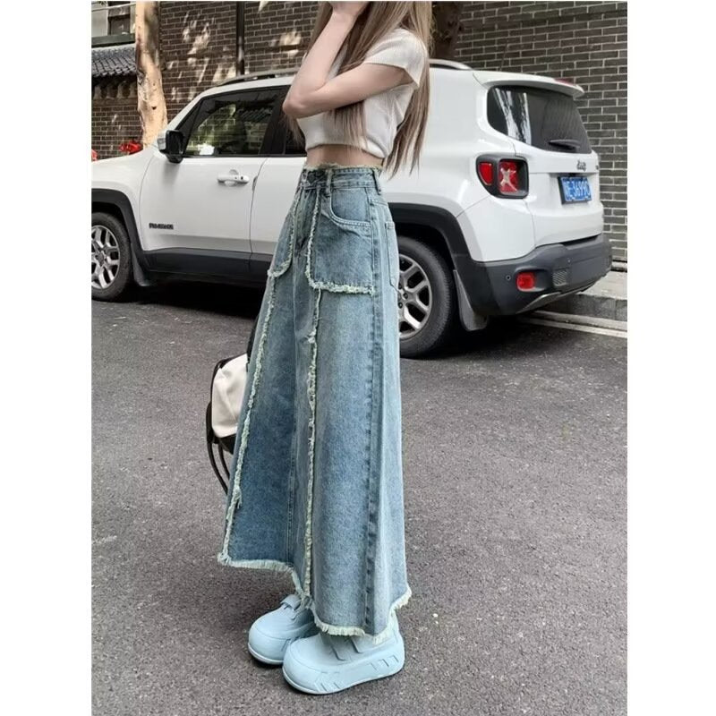 Women’s High Waist Denim Midi Fishtail Skirt Casual Summer