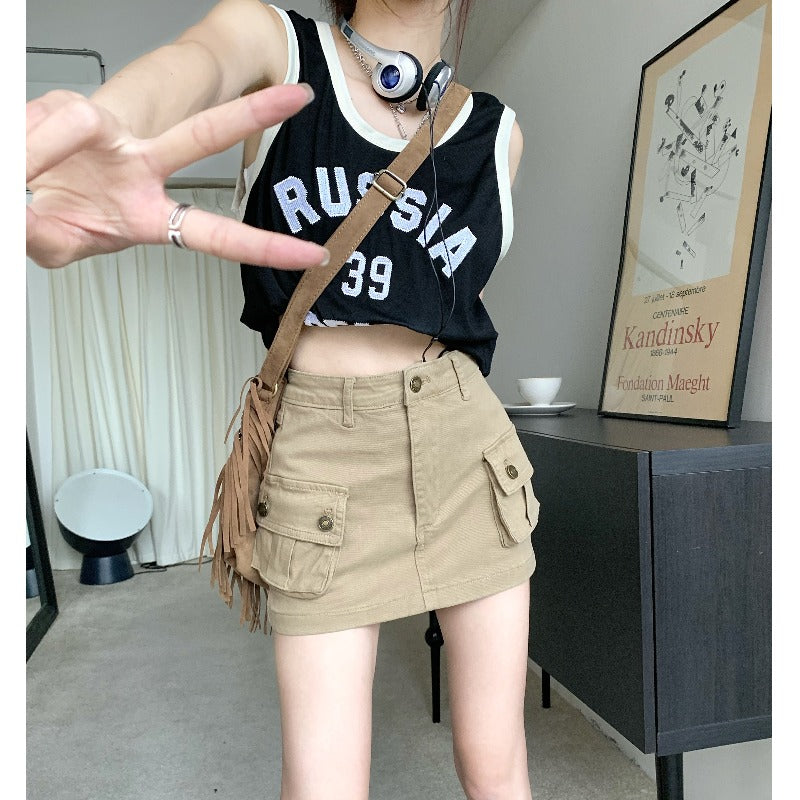 Khaki women’s high waist denim a-line short skirt casual retro