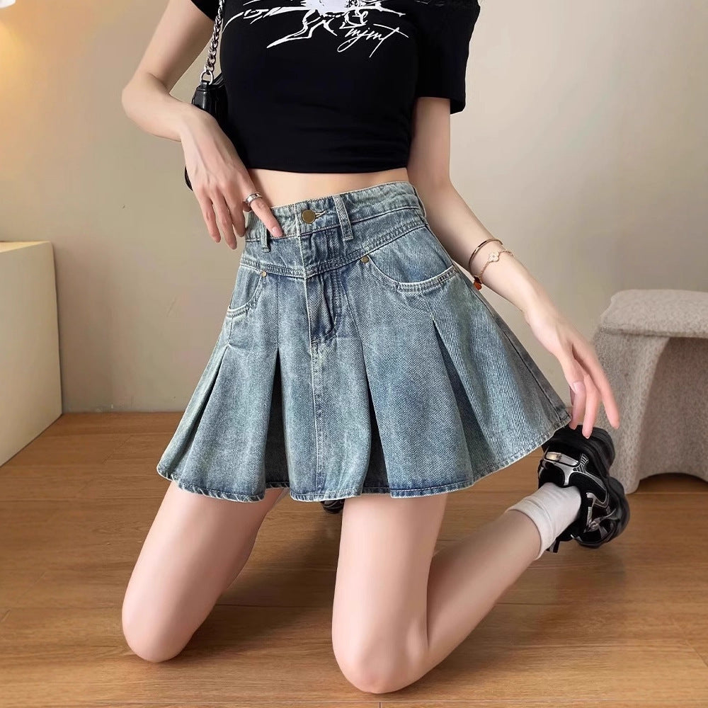 Blue women’s high waist denim pleated skirt loose casual summer