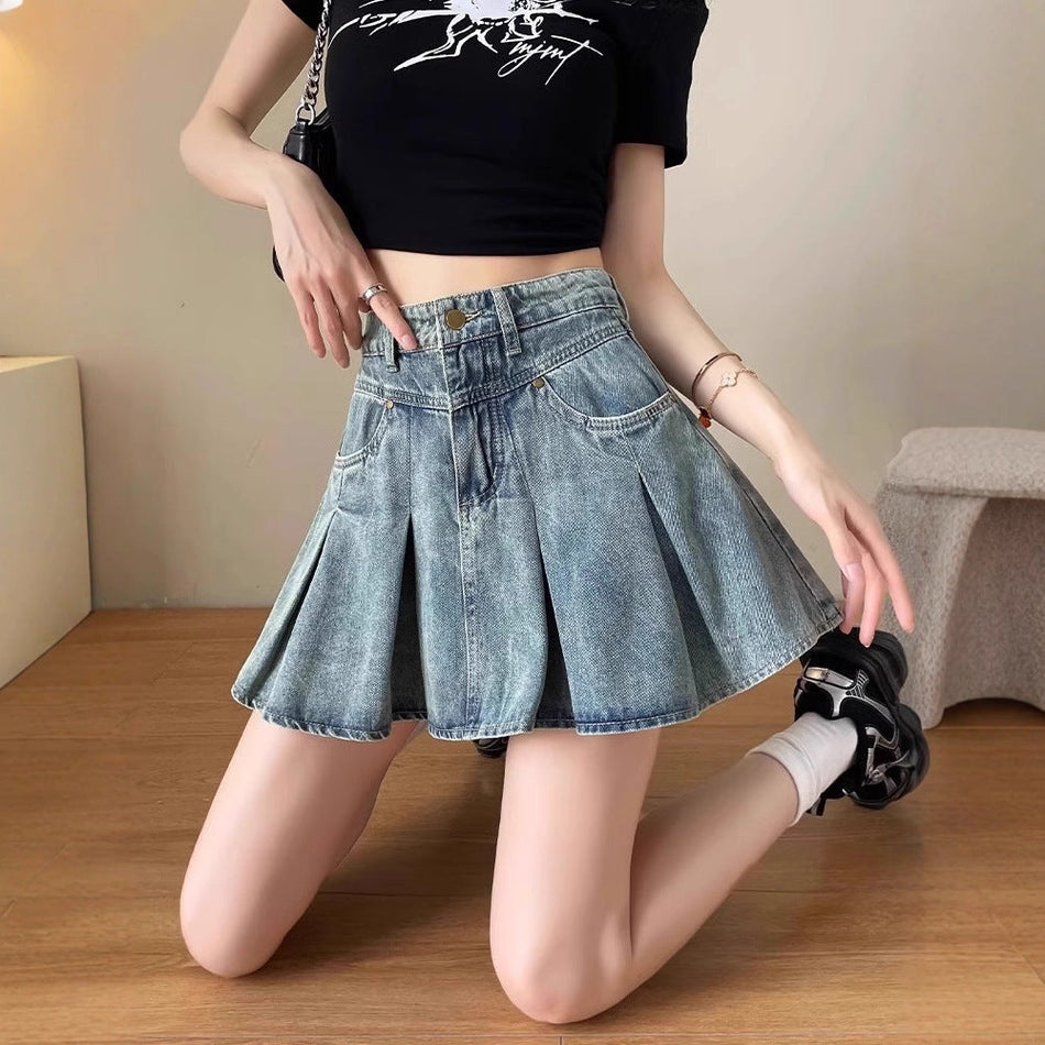 Blue women’s high waist denim pleated skirt loose casual summer