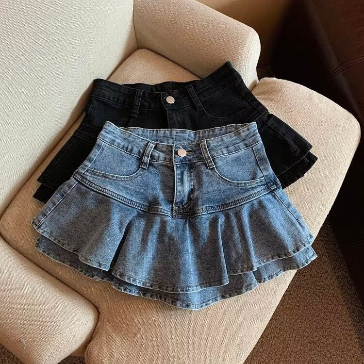Blue women’s high waist denim a-line short skirt casual summer
