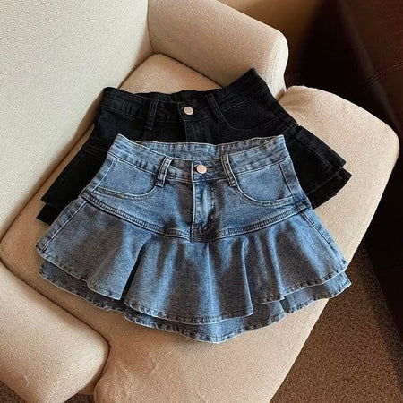 Blue women’s high waist denim a-line short skirt casual summer