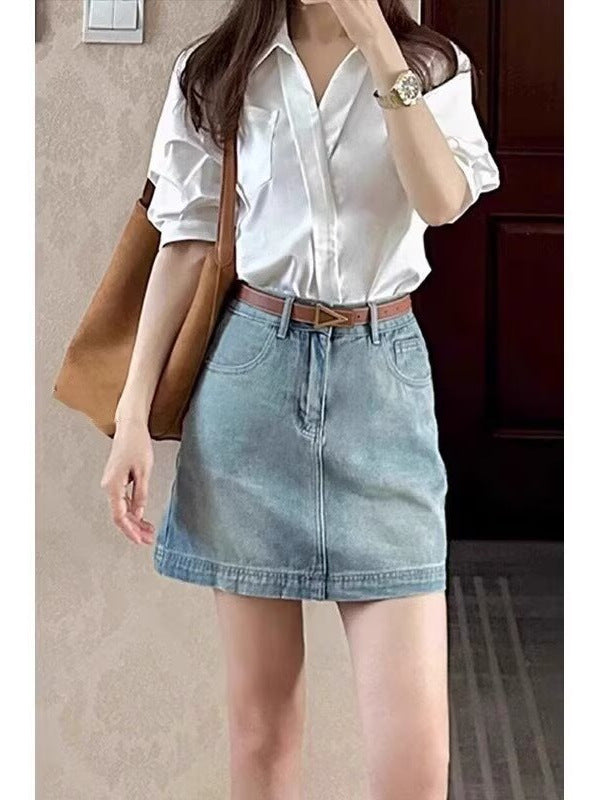 Blue ] women’s high waist denim a-line skirt loose fit summer
