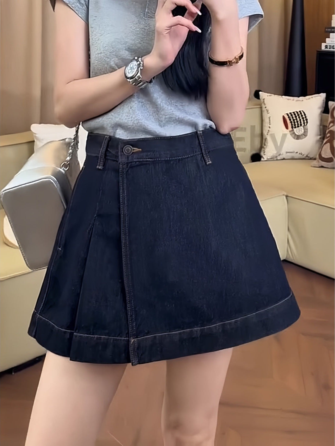 Dark blue women’s high waist denim culottes a-line wide leg summer