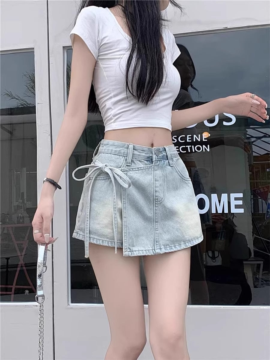 Light blue women’s high waist denim a-line mini skirt two-piece style