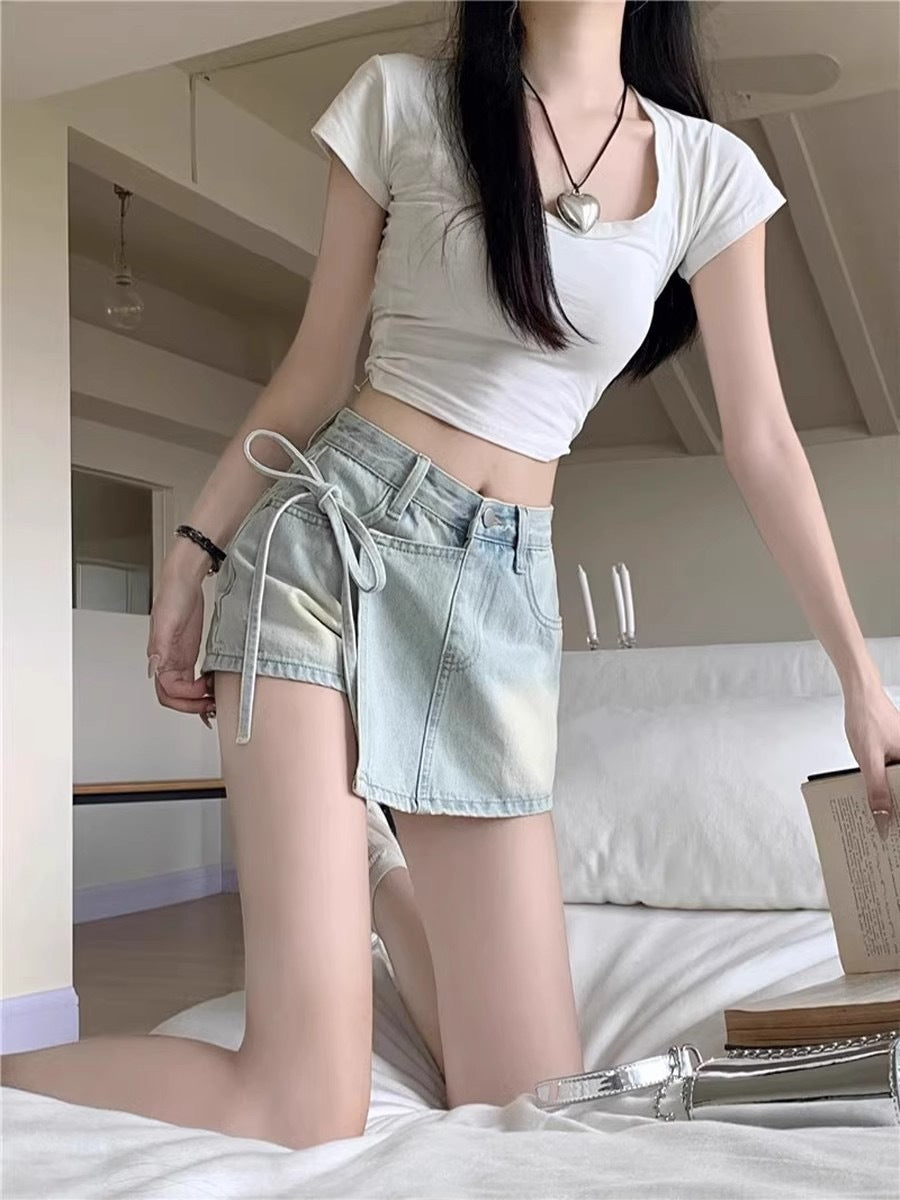 Women’s High Waist Denim A-Line Mini Skirt Two-Piece Style