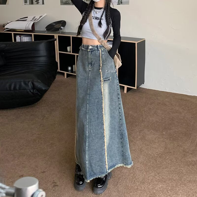 Blue women’s high waist frayed denim a-line maxi skirt vintage
