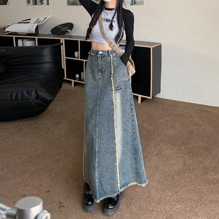 Blue women’s high waist frayed denim a-line maxi skirt vintage
