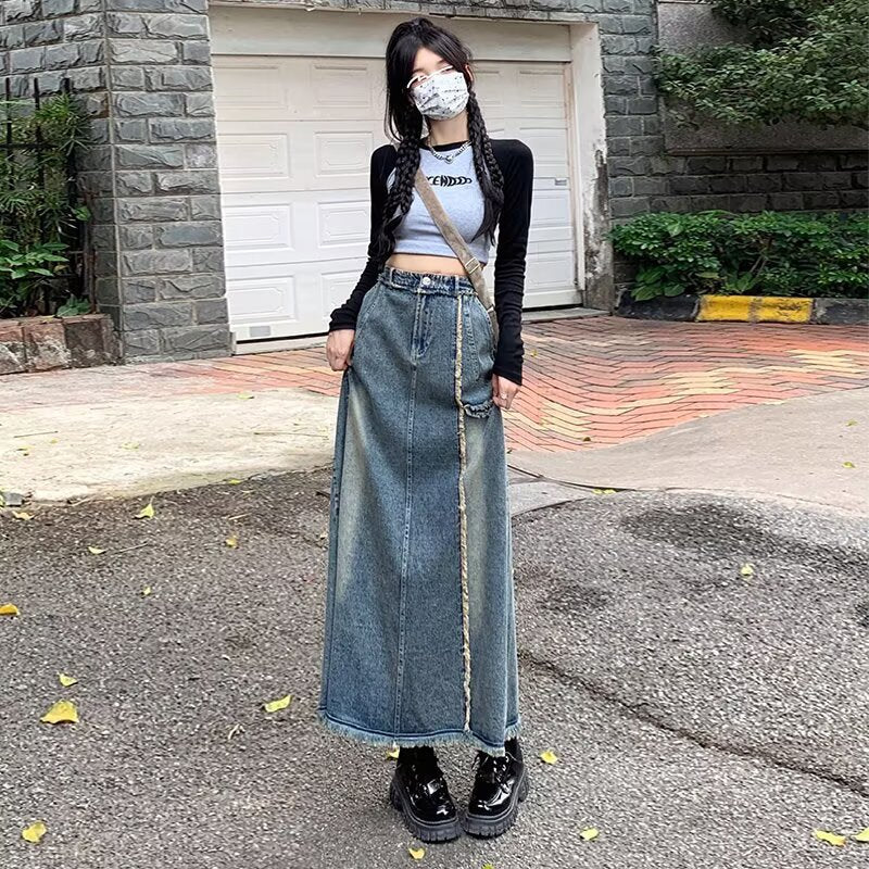 Women’s High Waist Frayed Denim A-Line Maxi Skirt Vintage