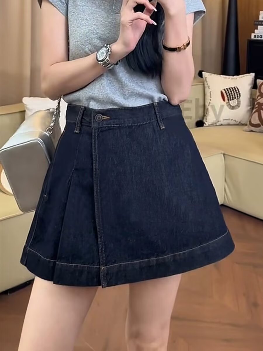Dark blue women’s high waist denim skort loose straight leg summer