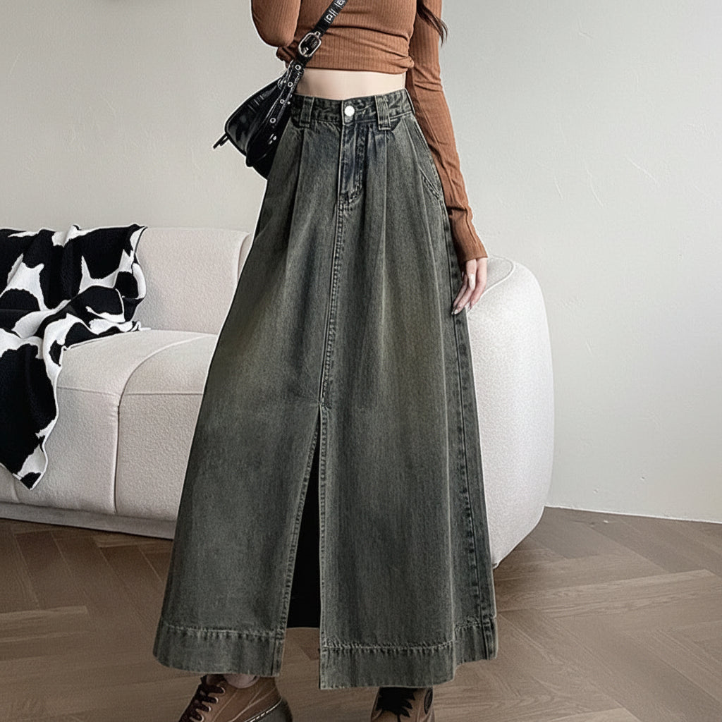 Cement gray women’s high waist denim midi slit skirt retro casual