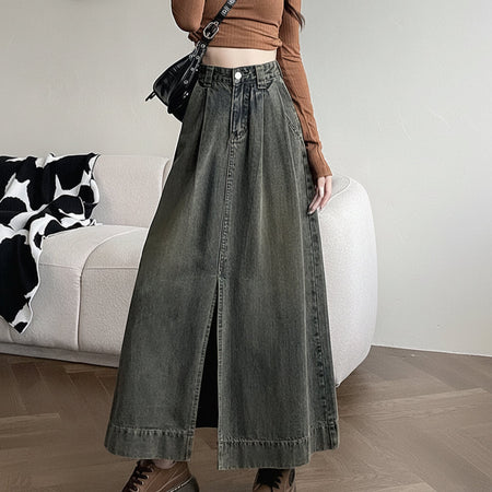 Cement gray women’s high waist denim midi slit skirt retro casual