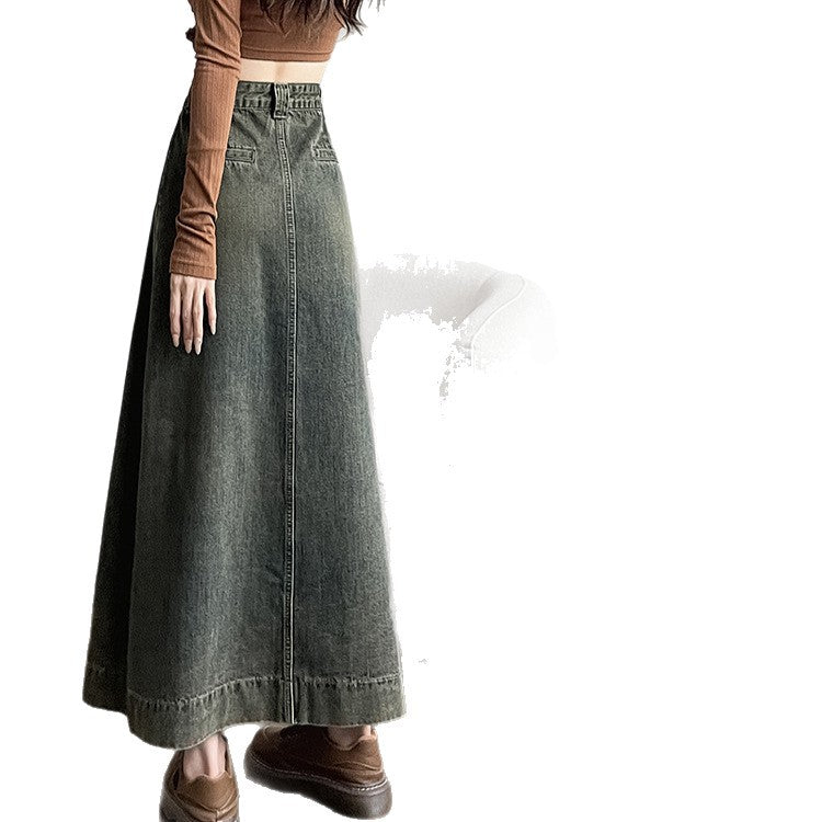 Women’s High Waist Denim Midi Slit Skirt Retro Casual