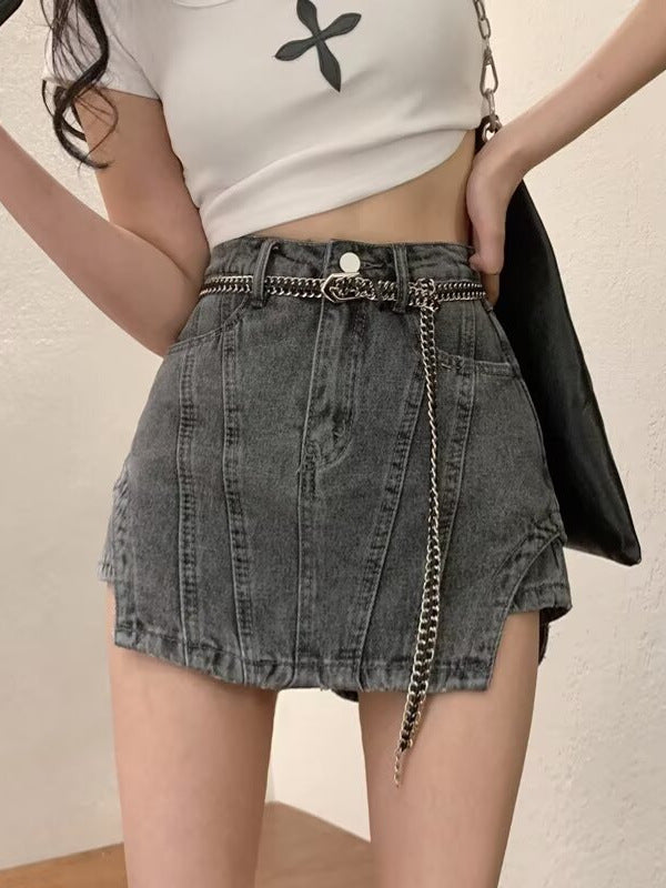 Grey women’s high waist denim culottes a-line casual summer shorts