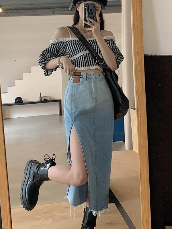 Black women’s high waist denim midi slit skirt slim fit summer