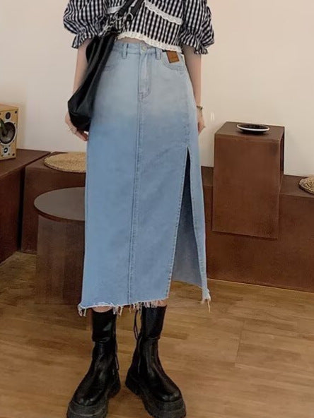 Women’s High Waist Denim Midi Slit Skirt Slim Fit Summer