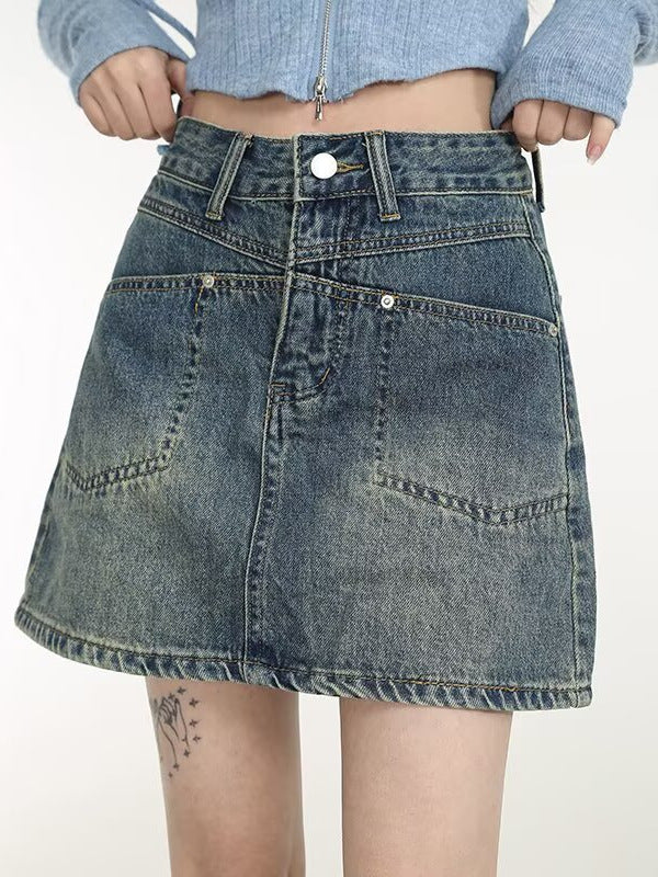 Blue women’s plus size high waist denim a-line skirt elastic fit