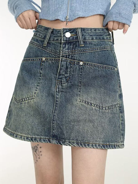 Blue women’s plus size high waist denim a-line skirt elastic fit