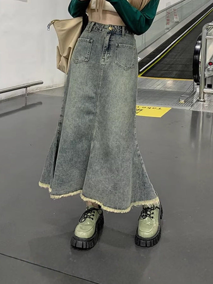 High-Waisted Frayed Denim Midi Skirt for Women – Summer Style