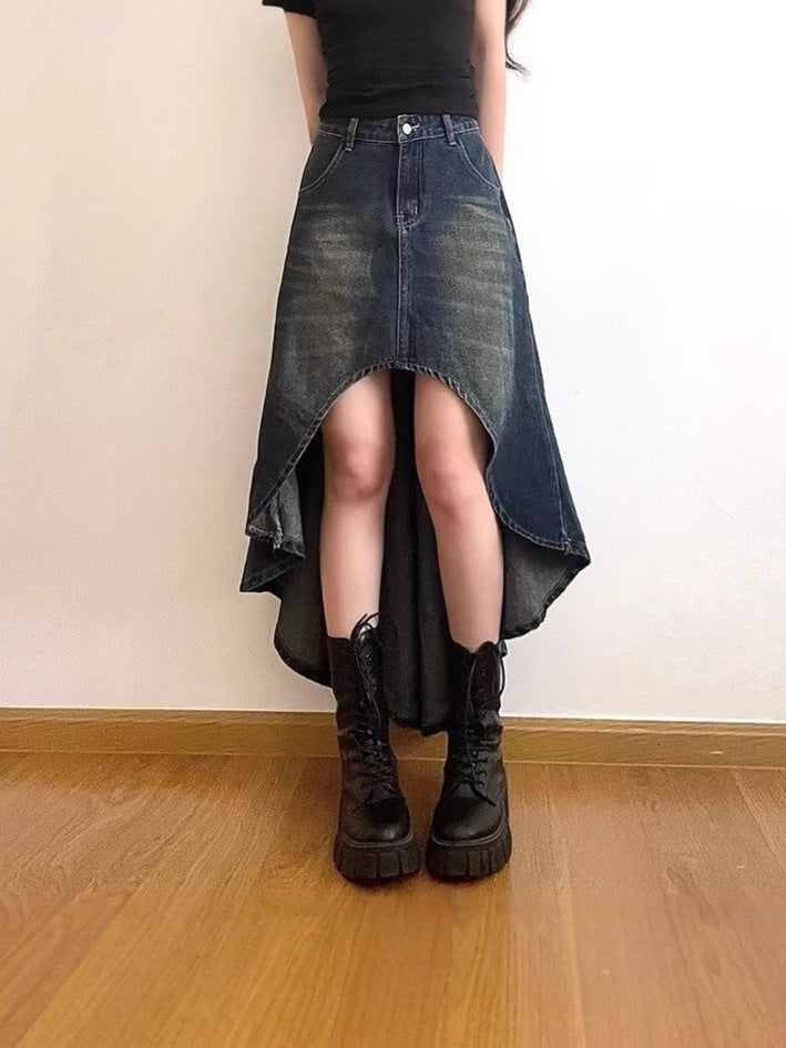 Retro blue high-waisted distressed a-line denim skirt for women
