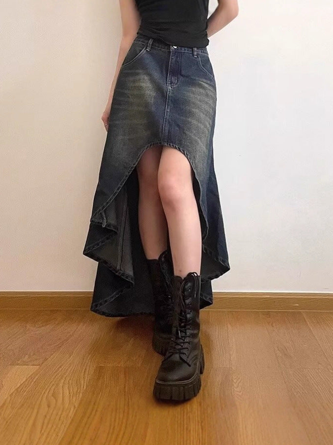 High-Waisted Distressed A-Line Denim Skirt for Women