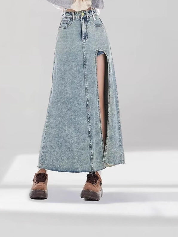 Retro blue plus-size high-waisted side-slit denim midi skirt for women