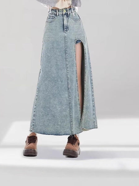 Retro blue plus-size high-waisted side-slit denim midi skirt for women